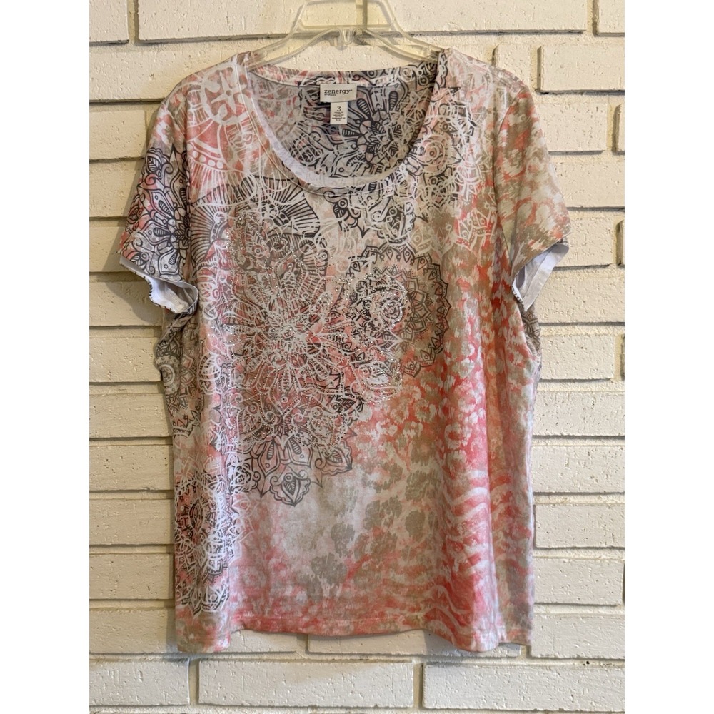 Chico's 3 Zenergy T-Shirt Womens Size‎ XL Peach Embellished Sparkle Short Sleeve